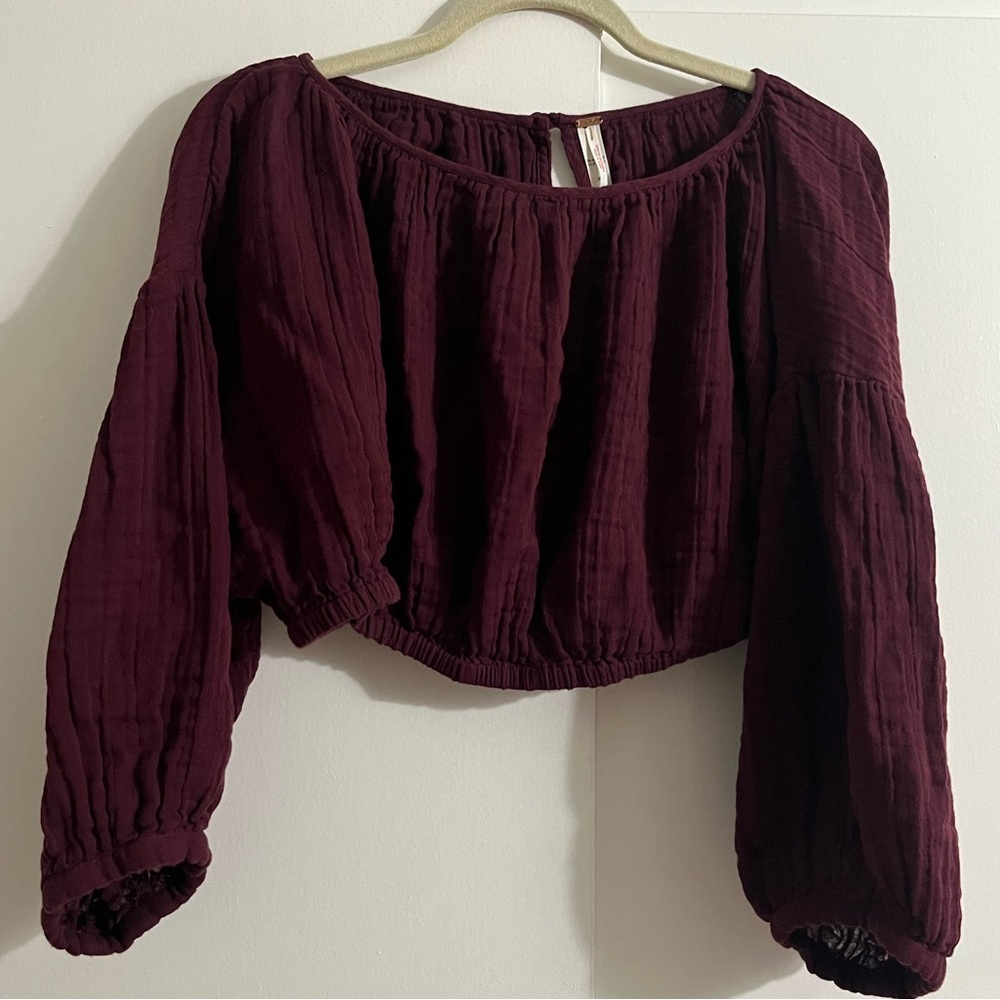 Free People Burgundy Cropped Long Sleeve Top